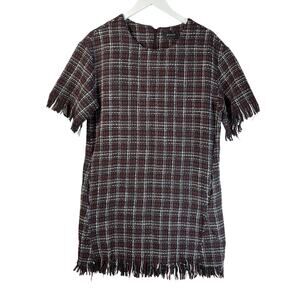 STORIA Tweed Dress with Pockets Red Black Plaid Checks Fringe Size M